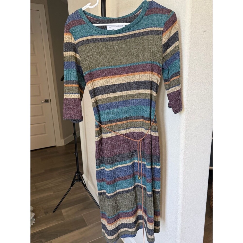 Emma & Michele Striped Knit Midi Dress in Teal & Purple L